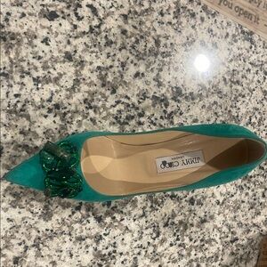 Jimmy Choo Teal Pointed Toe Pump with Green Gem Embellishment